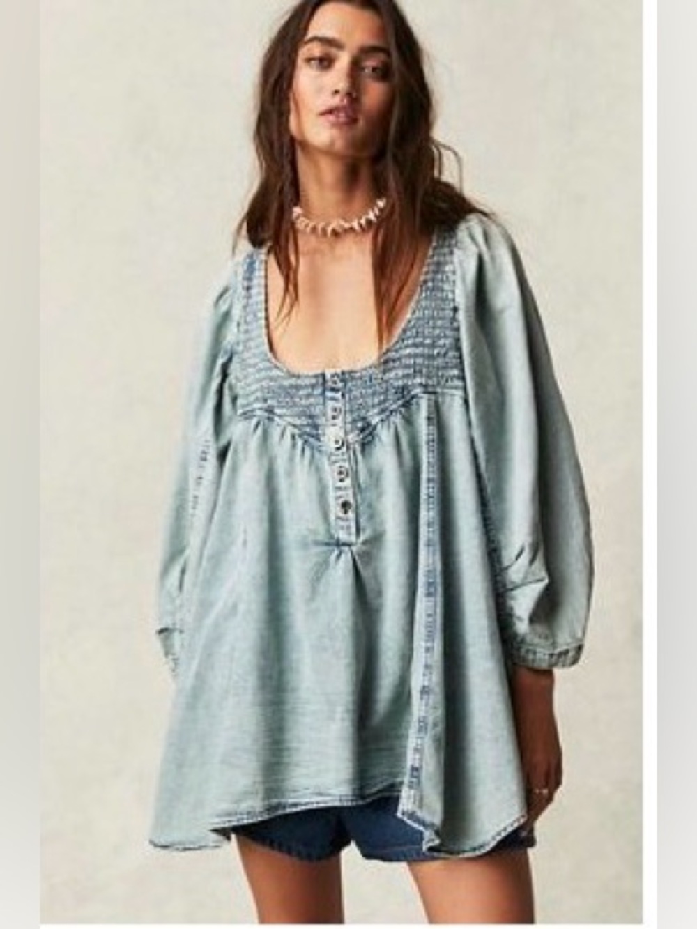 Free People Light Wash Smocked Peasant Top - Blue
